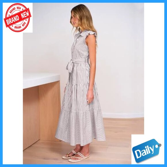 Ruffle Cap Sleeve Maxi Dress Button Down Striped Plaid Tie Waist Casual Chic - Picture 4 of 7